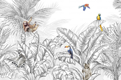 Tropical Animals Wallpaper, Blue Drawing Wall Mural, Custom Size Wall Covering, Non-Woven, Non-Pasted, Removable, Art - Adawall -Houston Wallpaper Store - Walcoverings, Curtains & Wall Panels