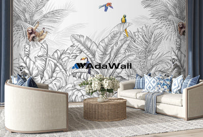 Tropical Animals Wallpaper, Blue Drawing Wall Mural, Custom Size Wall Covering, Non-Woven, Non-Pasted, Removable, Art - Adawall -Houston Wallpaper Store - Walcoverings, Curtains & Wall Panels