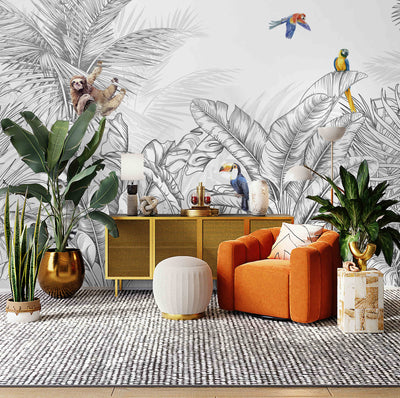 Tropical Animals Wallpaper, Blue Drawing Wall Mural, Custom Size Wall Covering, Non-Woven, Non-Pasted, Removable, Art - Adawall -Houston Wallpaper Store - Walcoverings, Curtains & Wall Panels