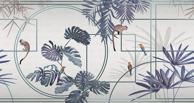 Tropical Jungle Wall Mural, Forest Wallpaper, Purple Tree Leaf Bird, Custom Size, Non-Woven, Modern Wall Paper, Non-Pasted, Washable, Removable - Adawall -Houston Wallpaper Store - Walcoverings, Curtains & Wall Panels