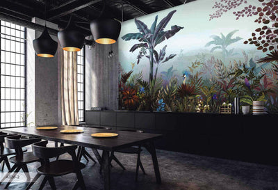 Tropical Theme Wall Mural, Blue Nature Birds Palm Tree Leaves Wallpaper, Customized Wall Art, Large Store Shop Wall Paper, Jungle, Forest Theme - Adawall -Houston Wallpaper Store - Walcoverings, Curtains & Wall Panels