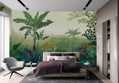 Tropical Theme Wall Mural, Green Nature Birds Palm Tree Leaves Wallpaper, Customized Wall Art, Large Store Shop Wall Paper, Jungle, Forest Theme - Adawall -Houston Wallpaper Store - Walcoverings, Curtains & Wall Panels