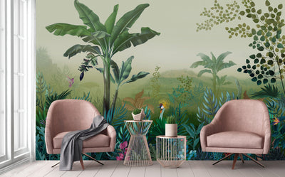 Tropical Theme Wall Mural, Green Nature Birds Palm Tree Leaves Wallpaper, Customized Wall Art, Large Store Shop Wall Paper, Jungle, Forest Theme - Adawall -Houston Wallpaper Store - Walcoverings, Curtains & Wall Panels