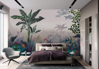 Tropical Theme Wall Mural, Light Green Nature Birds Palm Tree Leaves Wallpaper, Customized Wall Art, Large Store Shop Wall Paper, Jungle, Forest Theme - Adawall -Houston Wallpaper Store - Walcoverings, Curtains & Wall Panels