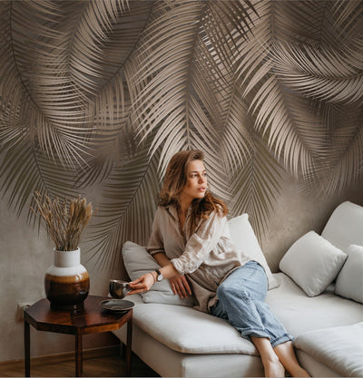 Tropical Tree Leaves Wallpaper, Above the Bed Wall Mural, Beige Leaves Custom Size Wall Covering, Non-Woven, Non-Pasted, Washable, Removable - Adawall -Houston Wallpaper Store - Walcoverings, Curtains & Wall Panels