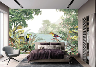 Tropical Wall Mural Art, Birds Forest Nature Theme Wallpaper, Interior Design Wall Covering, Non-Woven, Non-Pasted, Removable, Washable - Adawall -Houston Wallpaper Store - Walcoverings, Curtains & Wall Panels