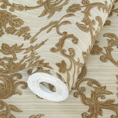Victorian Damask Striped Wallpaper, Copper, Cream Color Rich Textured Embossed Wall Paper, Extra Wide 114 sq ft Roll, Wall Decor, Gold, Washable - Adawall -Houston Wallpaper Store - Walcoverings, Curtains & Wall Panels