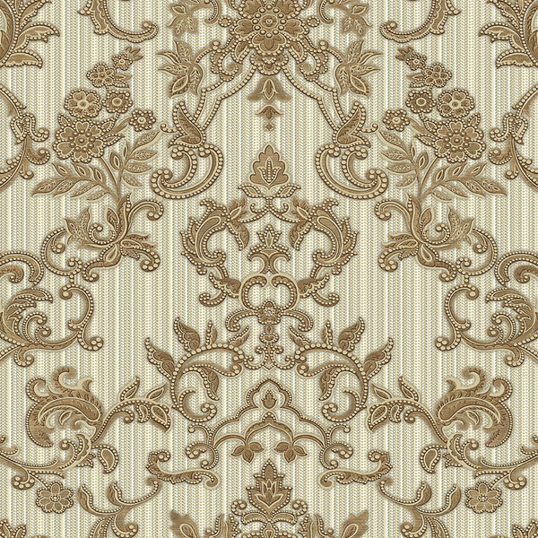 Victorian Damask Striped Wallpaper, Copper, Cream Color Rich Textured Embossed Wall Paper, Extra Wide 114 sq ft Roll, Wall Decor, Gold, Washable - Adawall -Houston Wallpaper Store - Walcoverings, Curtains & Wall Panels