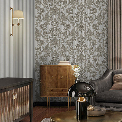 Victorian Damask Striped Wallpaper, Silver, Gray Rich Textured Embossed Wall Paper, Extra Wide 114 sq ft Roll, Wall Decor, Silver, Washable - Adawall -Houston Wallpaper Store - Walcoverings, Curtains & Wall Panels