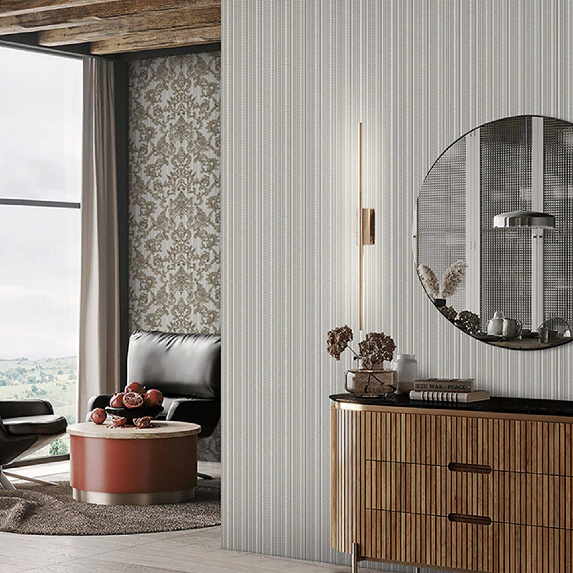 Victorian Damask Striped Wallpaper, Silver, Gray Rich Textured Embossed Wall Paper, Extra Wide 114 sq ft Roll,Wall Decor, Silver, Washable