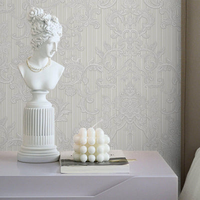 Victorian Damask Striped Wallpaper, White, Gray Rich Textured Embossed Wall Paper, Extra Wide 114 sq ft Roll, Modern Wall Covering, Sturdy, Washable - Adawall -Houston Wallpaper Store - Walcoverings, Curtains & Wall Panels