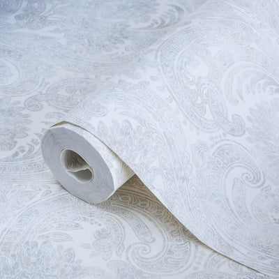 Washed White Paisley Pattern Wallpaper, Rich Textured Wallcovering, Traditional, Extra Large 114 sq ft Roll, Washable, Home Wall Decor, Durable - Adawall -Houston Wallpaper Store - Walcoverings, Curtains & Wall Panels