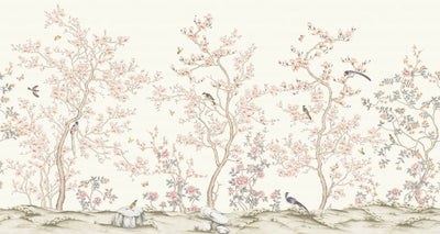 White Chinoiserie Floral Wall Mural, Birds Tree Flowers Wallpaper, Custom Size Wall Covering, Non-Woven, Non-Adhesive, Removable, Washable - Adawall -Houston Wallpaper Store - Walcoverings, Curtains & Wall Panels