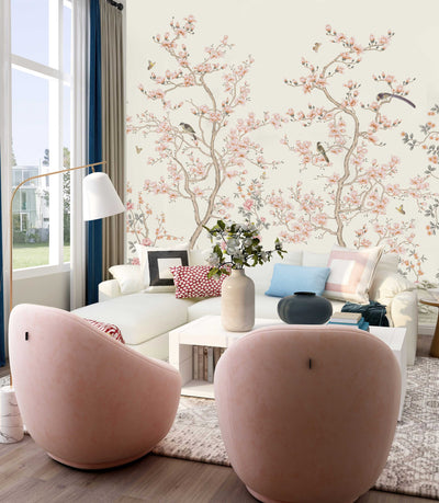 White Chinoiserie Floral Wall Mural, Birds Tree Flowers Wallpaper, Custom Size Wall Covering, Non-Woven, Non-Adhesive, Removable, Washable - Adawall -Houston Wallpaper Store - Walcoverings, Curtains & Wall Panels