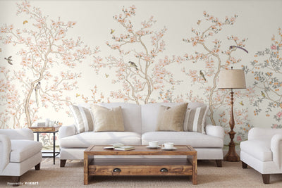 White Chinoiserie Floral Wall Mural, Birds Tree Flowers Wallpaper, Custom Size Wall Covering, Non-Woven, Non-Adhesive, Removable, Washable - Adawall -Houston Wallpaper Store - Walcoverings, Curtains & Wall Panels