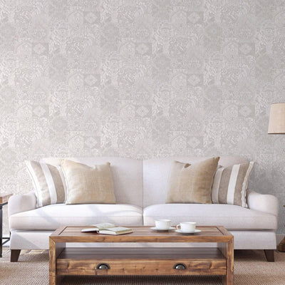 White Elegant Patchwork Deep Embossed Wallpaper, 3D Textured Luxury Damask Wallcovering - Adawall -Houston Wallpaper Store - Walcoverings, Curtains & Wall Panels