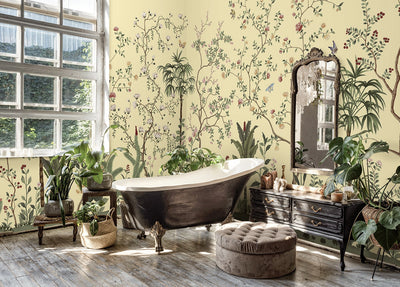 Yellow Botanical Wall Mural, Butterfly Flowers Chinoiserie Wallpaper, Nature Theme Custom Size Wall Covering, Non-Woven, Non-Pasted, Removable, Washable - Adawall -Houston Wallpaper Store - Walcoverings, Curtains & Wall Panels