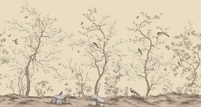 Yellow Chinoiserie Floral Wall Mural, Birds Tree Flowers Wallpaper, Custom Size Wall Covering, Non-Woven, Non-Adhesive, Removable, Washable - Adawall -Houston Wallpaper Store - Walcoverings, Curtains & Wall Panels