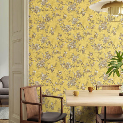 Yellow Elegant Chinoiserie Blossom Floral Wallpaper, Animal Print Birds Flowers Botanical Pattern - Adawall -Houston Wallpaper Store - Walcoverings, Curtains & Wall Panels