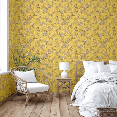 Yellow Elegant Chinoiserie Blossom Floral Wallpaper, Animal Print Birds Flowers Botanical Pattern - Adawall -Houston Wallpaper Store - Walcoverings, Curtains & Wall Panels