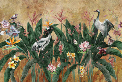 Yellow Jungle Birds Wallpaper, Nature Forest Tropical Theme Wall Mural, Extra Large Customizable, Non-Adhesive, Removable Wall Paper, Leaves Flower - Adawall -Houston Wallpaper Store - Walcoverings, Curtains & Wall Panels