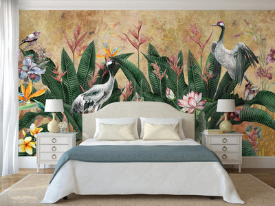 Yellow Jungle Birds Wallpaper, Nature Forest Tropical Theme Wall Mural, Extra Large Customizable, Non-Adhesive, Removable Wall Paper, Leaves Flower - Adawall -Houston Wallpaper Store - Walcoverings, Curtains & Wall Panels
