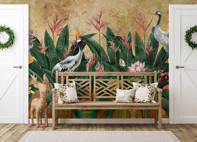 Yellow Jungle Birds Wallpaper, Nature Forest Tropical Theme Wall Mural, Extra Large Customizable, Non-Adhesive, Removable Wall Paper, Leaves Flower - Adawall -Houston Wallpaper Store - Walcoverings, Curtains & Wall Panels